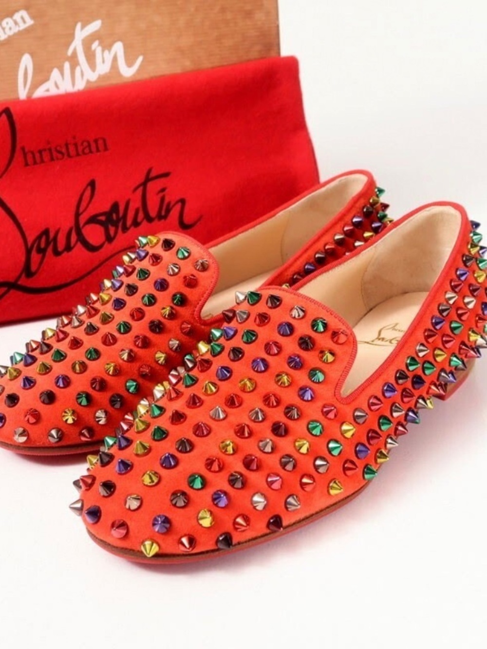 Christian Louboutin Rollerboy Spikes Orange Suede Loafer Flats Sz 36.5